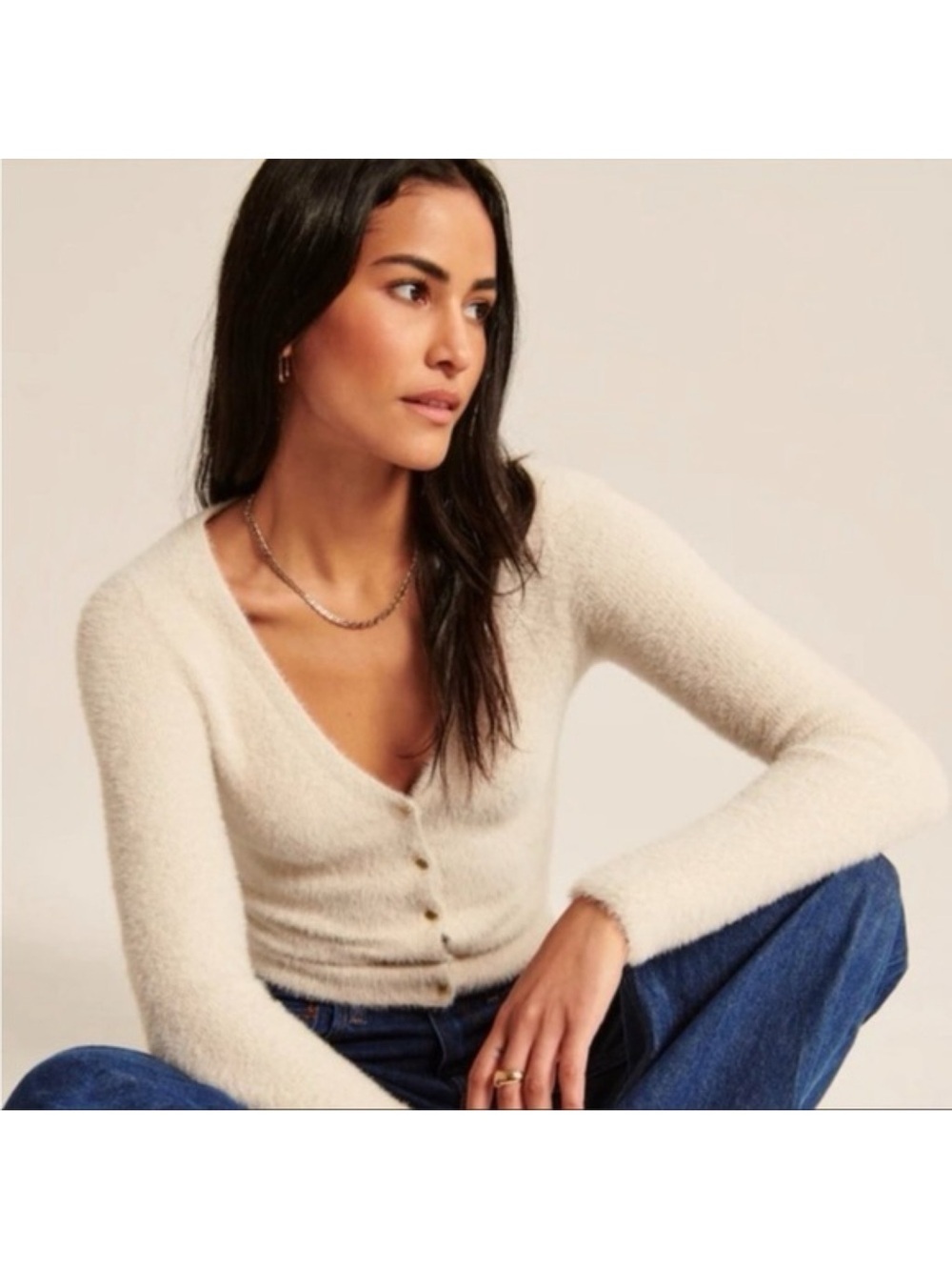 Sz S Abercrombie & Fitch Fuzzy Eyelash Slim V-Neck Cardigan In Cream EUC - Picture 5 of 5